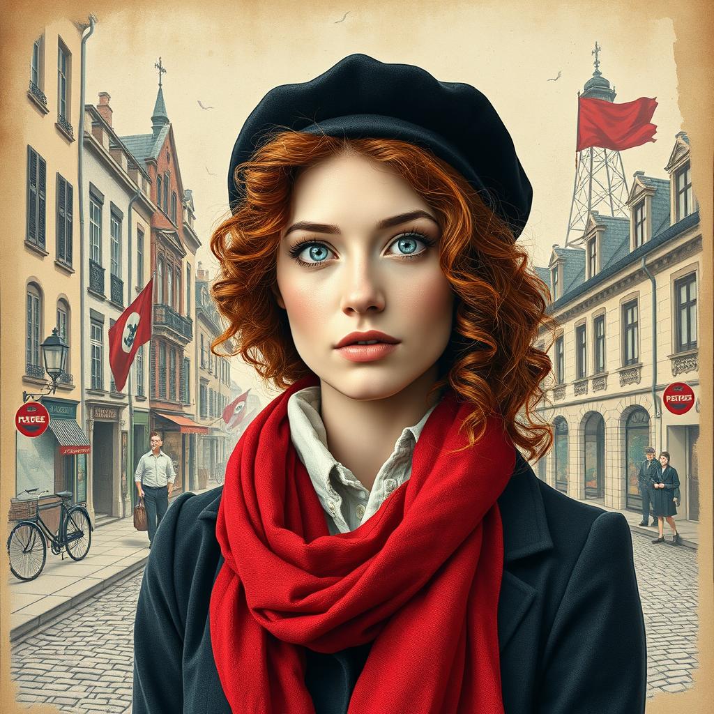 A captivating book cover for a historical fiction novel, featuring a full-body portrait of a modern woman characterized by her striking gray blue eyes, pale skin, and long curly red hair