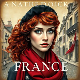 A captivating book cover for a historical fiction novel, featuring a full-body portrait of a modern woman characterized by her striking gray blue eyes, pale skin, and long curly red hair