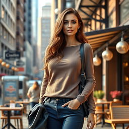 A realistic woman around 35-40 years old, of European descent, featuring long brown hair and an attractive figure