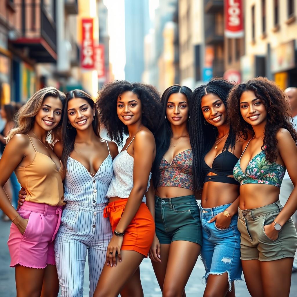 A group of confident, attractive women standing together in a vibrant urban setting, wearing stylish summer outfits that highlight their beauty