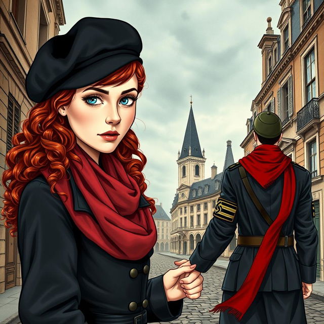 An intriguing book cover for a historical fiction novel, featuring a modern woman with striking gray blue eyes, pale skin, and long curly red hair