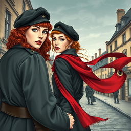 An intriguing book cover for a historical fiction novel, featuring a modern woman with striking gray blue eyes, pale skin, and long curly red hair