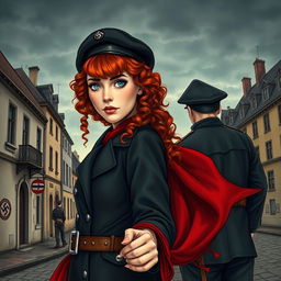 An intriguing book cover for a historical fiction novel, featuring a modern woman with striking gray blue eyes, pale skin, and long curly red hair
