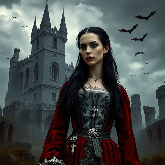 A grim depiction of Elizabeth Báthory, dressed in elegant yet tattered noble attire, standing in the ruins of her castle, Čachtice