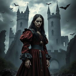A grim depiction of Elizabeth Báthory, dressed in elegant yet tattered noble attire, standing in the ruins of her castle, Čachtice