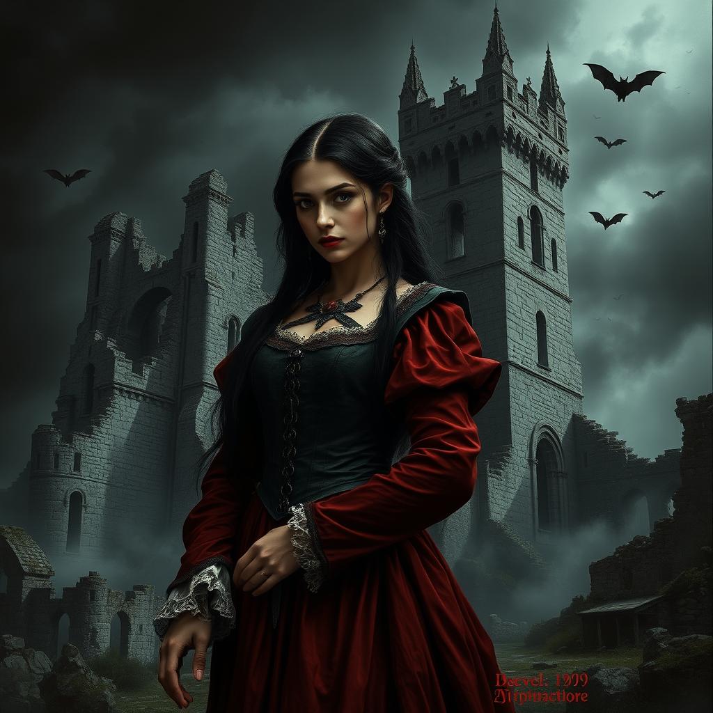 A grim depiction of Elizabeth Báthory, dressed in elegant yet tattered noble attire, standing in the ruins of her castle, Čachtice