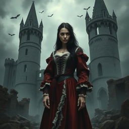 A grim depiction of Elizabeth Báthory, dressed in elegant yet tattered noble attire, standing in the ruins of her castle, Čachtice