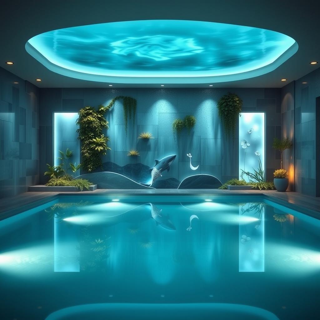 An elegant design for a wall in an indoor pool area, featuring a tranquil atmosphere