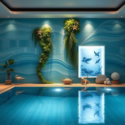 An elegant design for a wall in an indoor pool area, featuring a tranquil atmosphere