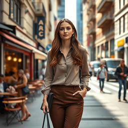 A realistic woman aged 37-40 years old, of European descent, with long brown hair and an elegant figure