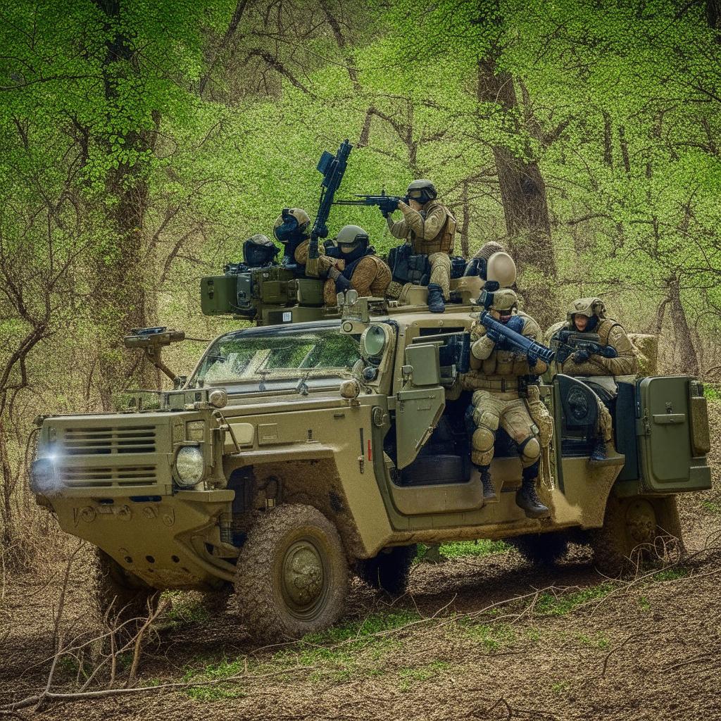 5 combatants in military fatigue, armed with assault rifles, missile launcher and radio in a rugged terrain vehicle