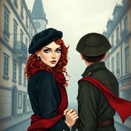 An intriguing book cover for a historical fiction novel, featuring a modern woman with captivating gray blue eyes, pale skin, and long curly red hair