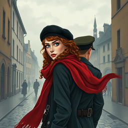 An intriguing book cover for a historical fiction novel, featuring a modern woman with captivating gray blue eyes, pale skin, and long curly red hair