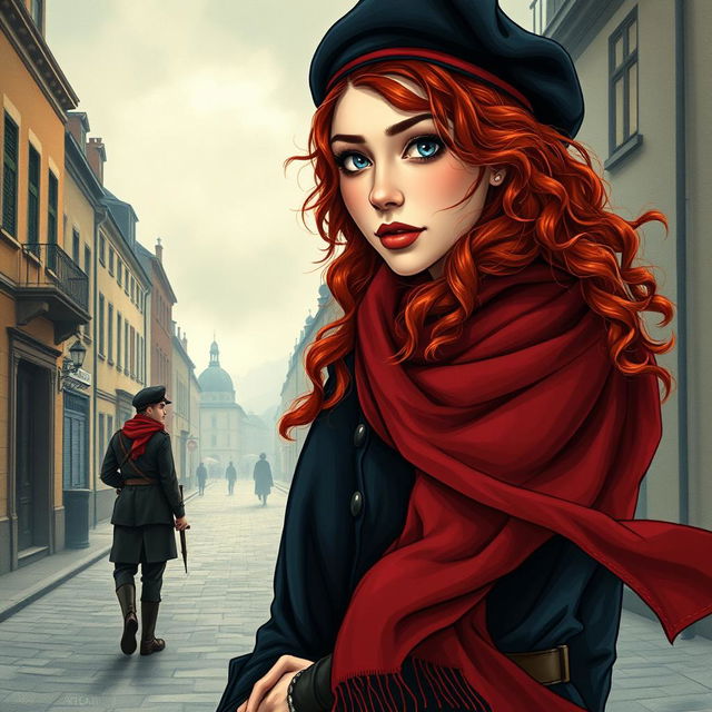 An intriguing book cover for a historical fiction novel, featuring a modern woman with captivating gray blue eyes, pale skin, and long curly red hair