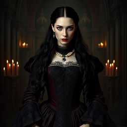 A dark and atmospheric portrait of Elizabeth Báthory, the infamous 16th-century Hungarian countess known for her sinister reputation