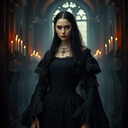 A dark and atmospheric portrait of Elizabeth Báthory, the infamous 16th-century Hungarian countess known for her sinister reputation