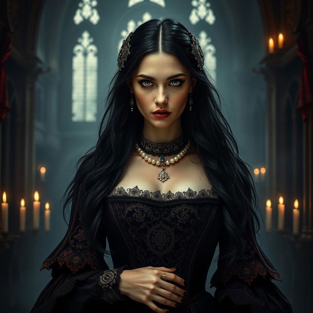 A dark and atmospheric portrait of Elizabeth Báthory, the infamous 16th-century Hungarian countess known for her sinister reputation