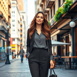 A realistic woman aged 37-40 years old, of European descent, with long flowing brown hair and an attractive figure