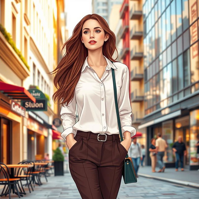 A realistic woman aged 37-40 years old, of European descent, with long flowing brown hair and an attractive figure