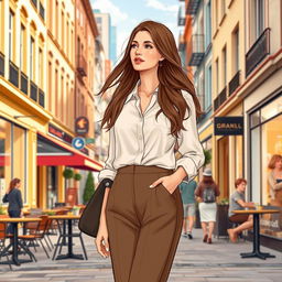 A realistic woman aged 37-40 years old, of European descent, with long flowing brown hair and an attractive figure