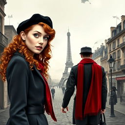 An engaging book cover for a historical fiction novel, showcasing a modern woman with captivating gray blue eyes, pale skin, and long curly red hair, elegantly styled with a black beret and a vibrant red scarf