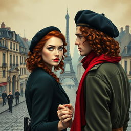 An engaging book cover for a historical fiction novel, showcasing a modern woman with captivating gray blue eyes, pale skin, and long curly red hair, elegantly styled with a black beret and a vibrant red scarf