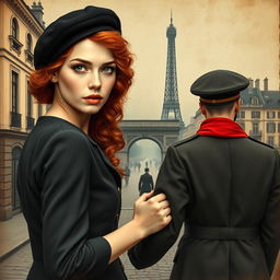 An engaging book cover for a historical fiction novel, showcasing a modern woman with captivating gray blue eyes, pale skin, and long curly red hair, elegantly styled with a black beret and a vibrant red scarf