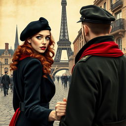 An engaging book cover for a historical fiction novel, showcasing a modern woman with captivating gray blue eyes, pale skin, and long curly red hair, elegantly styled with a black beret and a vibrant red scarf