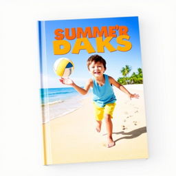 A vibrant and engaging book cover featuring a young boy joyfully playing volleyball on a sandy beach