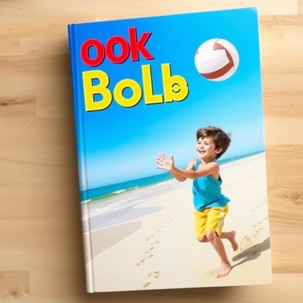 A vibrant and engaging book cover featuring a young boy joyfully playing volleyball on a sandy beach