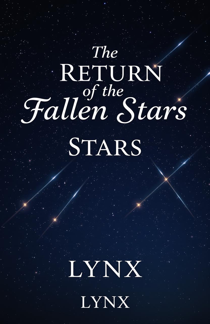 A mystical scene for a book cover featuring a starry night sky filled with shimmering stars and several shooting stars streaking across the canvas