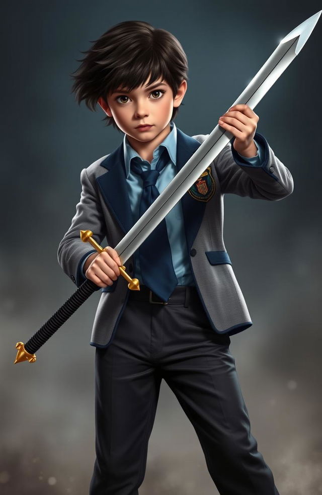 A 13-year-old boy holding a sword with a golden hilt and silver blade