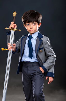 A 13-year-old boy holding a sword with a golden hilt and silver blade