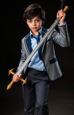 A 13-year-old boy holding a sword with a golden hilt and silver blade