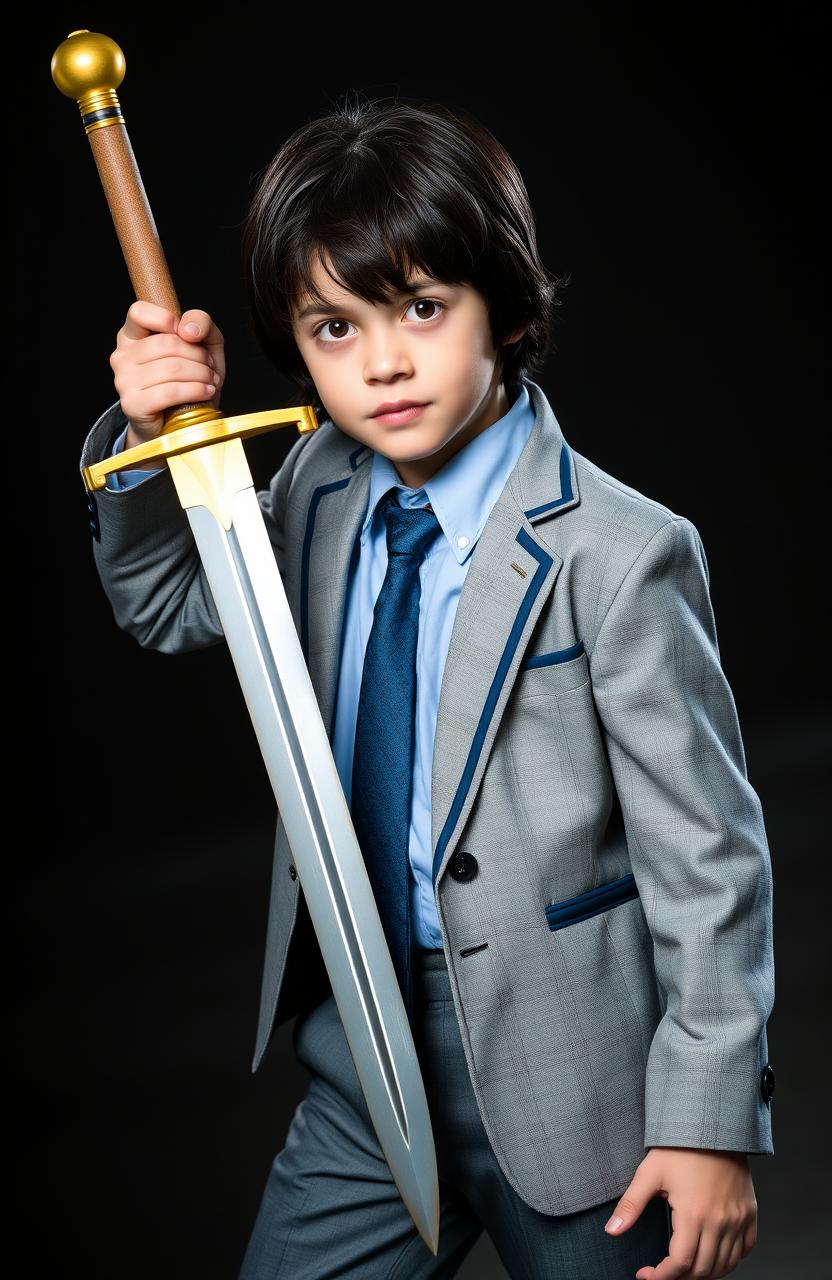 A 13-year-old boy holding a sword with a golden hilt and silver blade