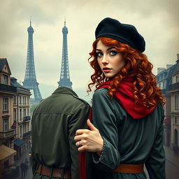 An evocative book cover for a historical fiction novel, showcasing a modern woman with captivating gray blue eyes, pale skin, and long curly red hair