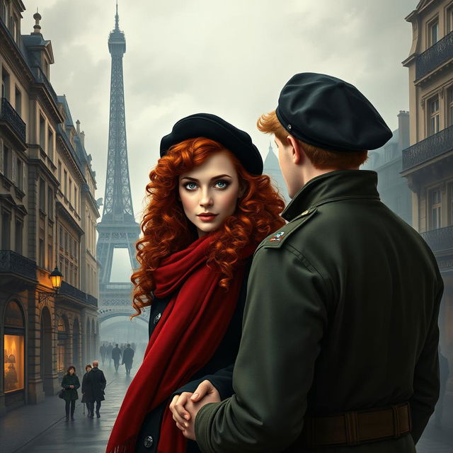 An evocative book cover for a historical fiction novel, showcasing a modern woman with captivating gray blue eyes, pale skin, and long curly red hair