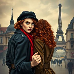 An evocative book cover for a historical fiction novel, showcasing a modern woman with captivating gray blue eyes, pale skin, and long curly red hair