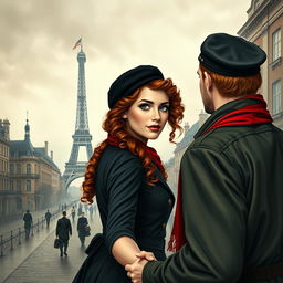 An evocative book cover for a historical fiction novel, showcasing a modern woman with captivating gray blue eyes, pale skin, and long curly red hair