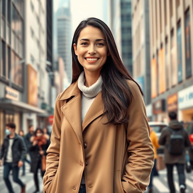 A realistic depiction of a woman aged around 35-40 years old with European features, long dark hair, wearing full-length closed clothing suitable for everyday life in a bustling city