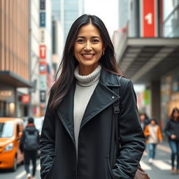 A realistic depiction of a woman aged around 35-40 years old with European features, long dark hair, wearing full-length closed clothing suitable for everyday life in a bustling city