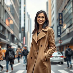 A realistic depiction of a woman aged around 35-40 years old with European features, long dark hair, wearing full-length closed clothing suitable for everyday life in a bustling city