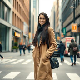 A realistic depiction of a woman aged around 35-40 years old with European features, long dark hair, wearing full-length closed clothing suitable for everyday life in a bustling city