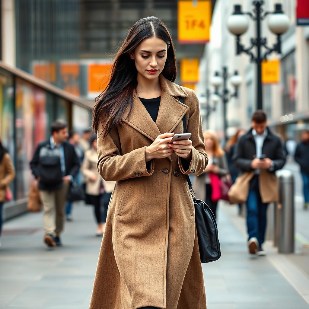 A realistic portrayal of a woman aged 35-40 years, exhibiting European features with long dark hair, dressed in stylish full-length closed clothing suitable for daily activities in a vibrant city setting