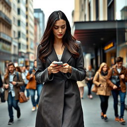 A realistic portrayal of a woman aged 35-40 years, exhibiting European features with long dark hair, dressed in stylish full-length closed clothing suitable for daily activities in a vibrant city setting