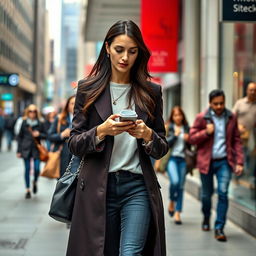 A realistic portrayal of a woman aged 35-40 years, exhibiting European features with long dark hair, dressed in stylish full-length closed clothing suitable for daily activities in a vibrant city setting