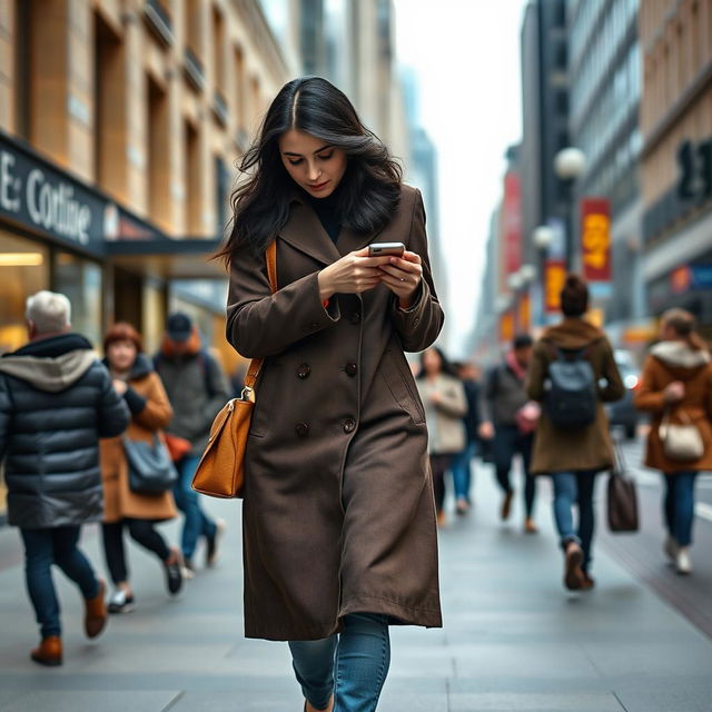 A realistic portrayal of a woman aged 35-40 years, exhibiting European features with long dark hair, dressed in stylish full-length closed clothing suitable for daily activities in a vibrant city setting