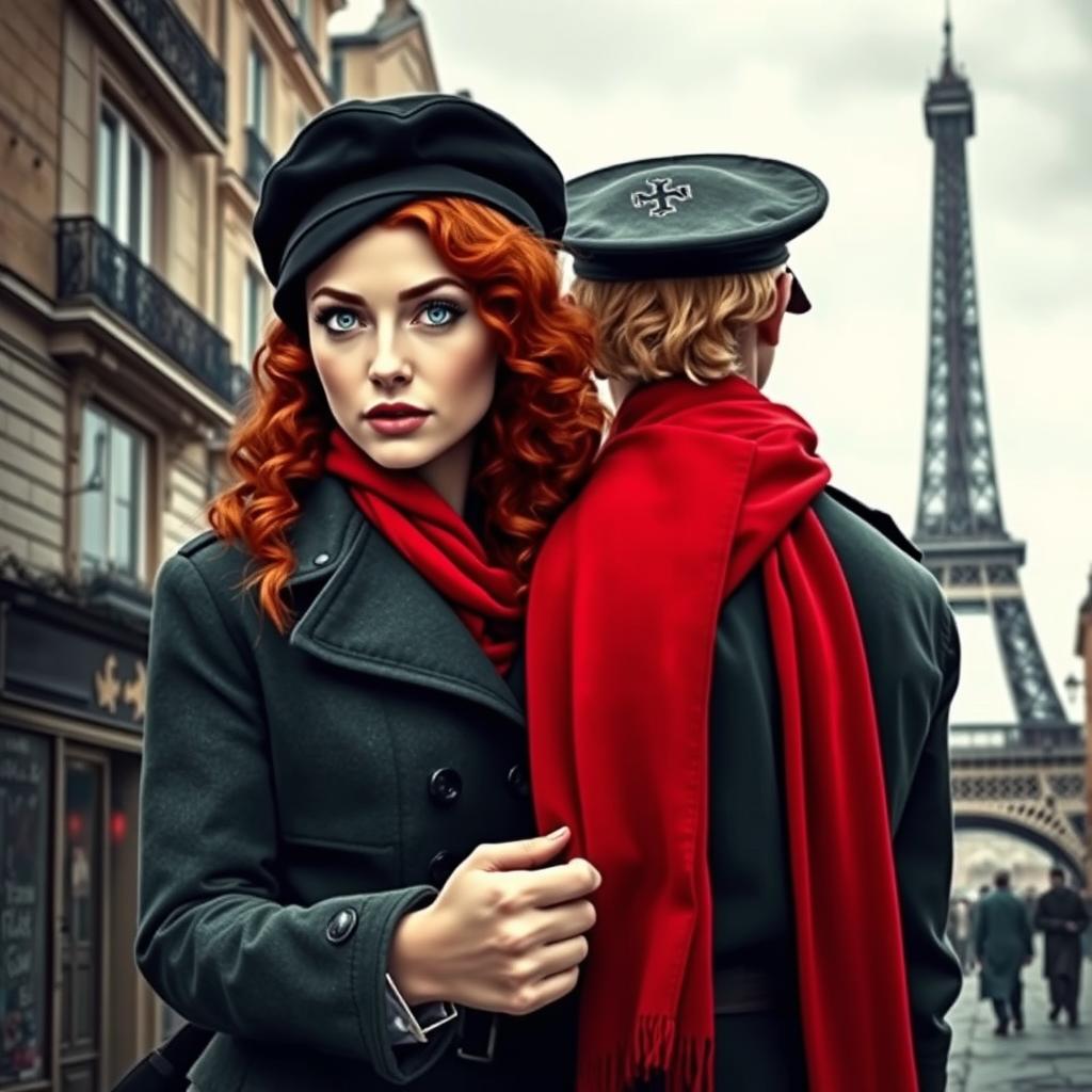 A captivating book cover for a historical fiction novel, featuring a modern woman with striking gray blue eyes, pale skin, and long curly red hair