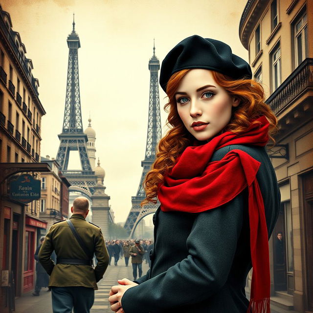 A captivating book cover for a historical fiction novel, featuring a modern woman with striking gray blue eyes, pale skin, and long curly red hair