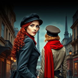 A captivating book cover for a historical fiction novel, featuring a modern woman with striking gray blue eyes, pale skin, and long curly red hair